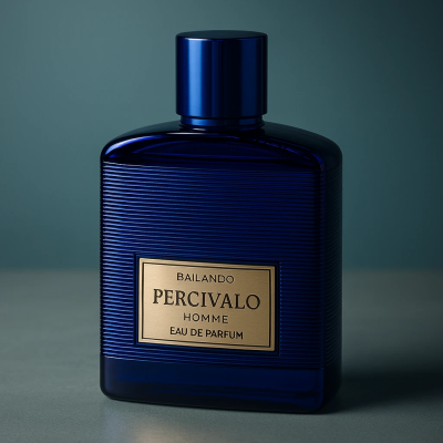 تصویر استودیویی عطر مردانه بایلندو مدل Percivalo با بطری آبی و پس‌زمینه پاستلی آبی نفتی