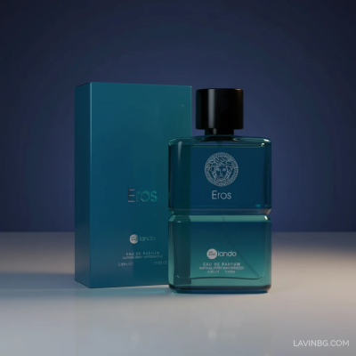 تصویر ادوپرفیوم مردانه بایلندو مدل Eros با پس‌زمینه پاستلی و واترمارک LAVINBG.COM