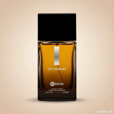 عکس عطر مردانه بایلندو مدل De Homme با پس‌زمینه پاستلی و واترمارک LAVINBG.COM