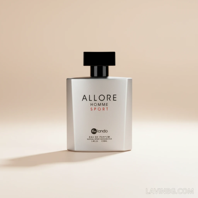 عکس عطر مردانه بایلندو Allore Homme Sport با پس‌زمینه پاستلی و واترمارک LAVINBG.COM