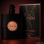 عکس استودیویی ادو پرفیوم زنانه پینک ویژوآل Black Opium حجم 80 میلی لیتر با بطری مشکی اکلیلی و جعبه روی پس زمینه گرادیان مشکی صورتی