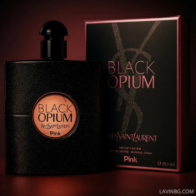 عکس استودیویی ادو پرفیوم زنانه پینک ویژوآل Black Opium حجم 80 میلی لیتر با بطری مشکی اکلیلی و جعبه روی پس زمینه گرادیان مشکی صورتی