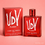 تصویر ادوتویلت مردانه UDV Flash اولریک دو وارنس 100 میلی‌لیتر، بطری و جعبه قرمز با پس‌زمینه پاستیلی هماهنگ – فروشگاه لاوین