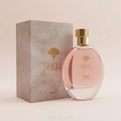 ادوپرفیوم زنانه Chance Chanel Shell با بطری صورتی و جعبه سنگی، بک گراند پاستیلی و واترمارک lavinbg.com