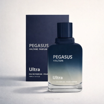 ادو پرفیوم مردانه Pegasus Haltain اولترا ویرچوآل با بطری سرمه‌ای و بک گراند پاستیلی – lavinbg.com